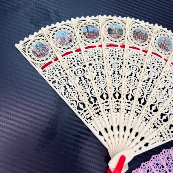 Vintage Pink & Ivory Souvenir Celluloid Plastic Lace Folding Hand Fans SET OF 2 - Picture 5 of 12